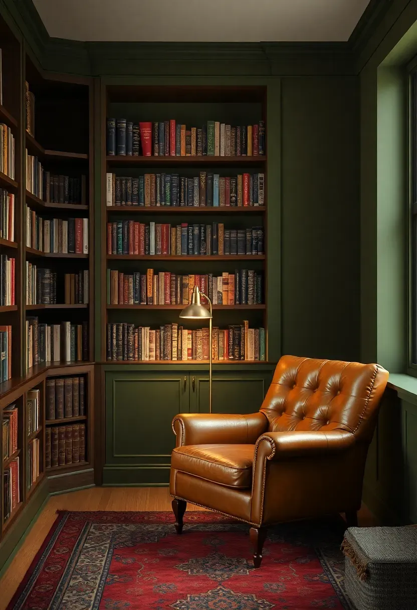 cozy reading nook painted in deep olive green with built-in bookshelves and leather armchair
