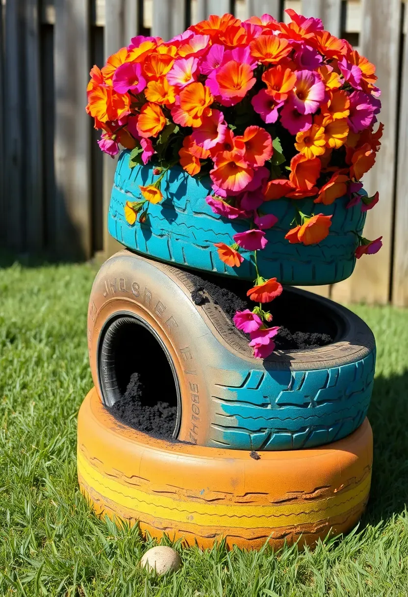 Three old tires stacked and painted in bright colors — teal, mustard, and coral — filled with soil and cascading flowers including petunias and marigolds in a sunny backyard