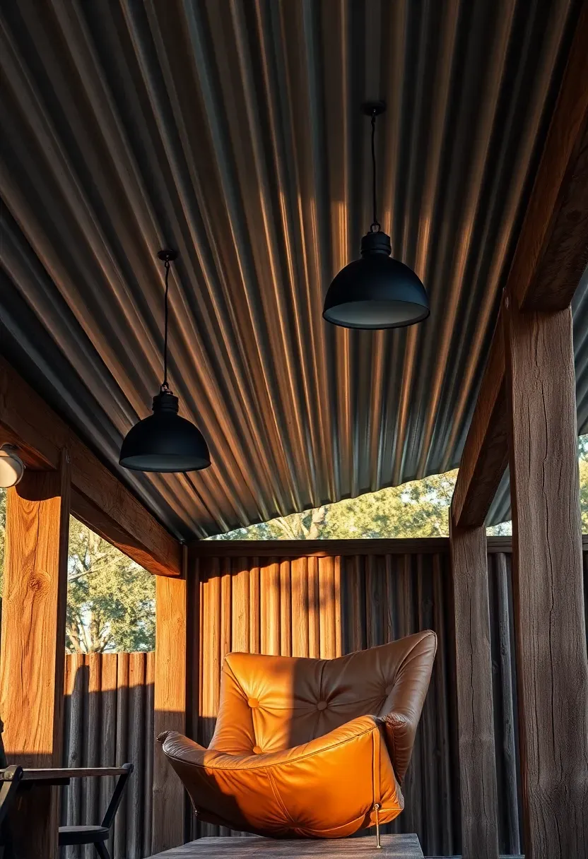 Corrugated metal roofing on a rustic wooden frame covering an outdoor seating area with industrial pendant lights