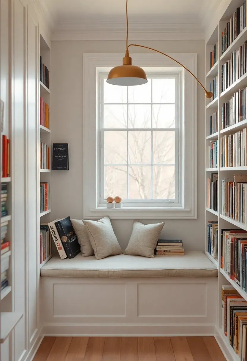 She shed book nook with floor-to-ceiling white built-in shelving packed with books organized by color, built-in window seat with linen cushions, brass arc reading lamp
