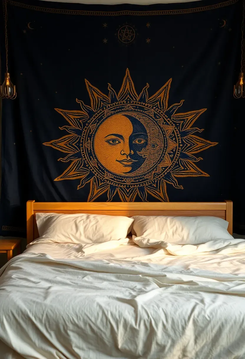 Large celestial tapestry with sun and moon faces in gold and navy blue draped across an entire bedroom wall