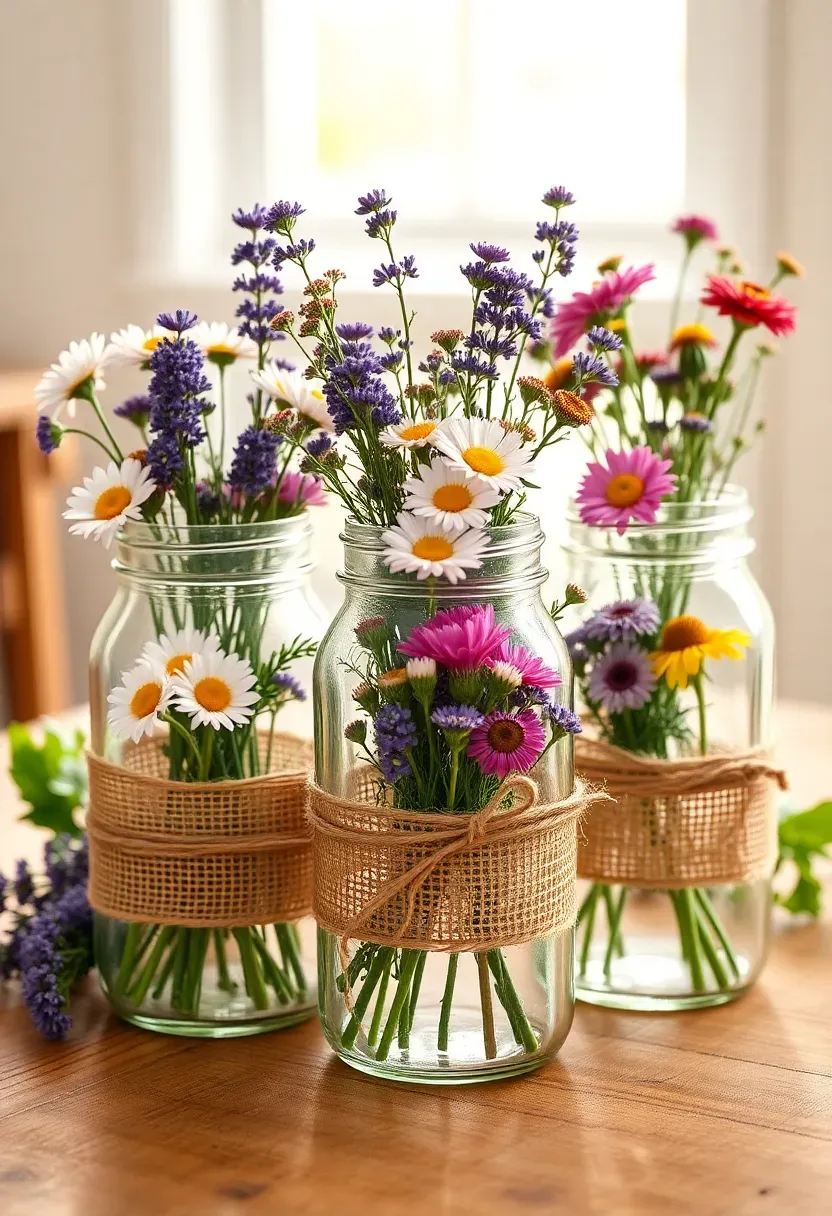 three mason jars filled with colorful wildflowers tied with twine and burlap on a rustic wooden baby shower table