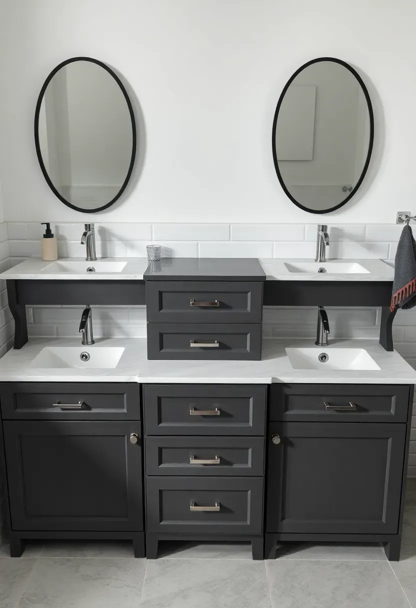 Wide double vanity bathroom with a shared center tower cabinet in dark gray between two sinks
