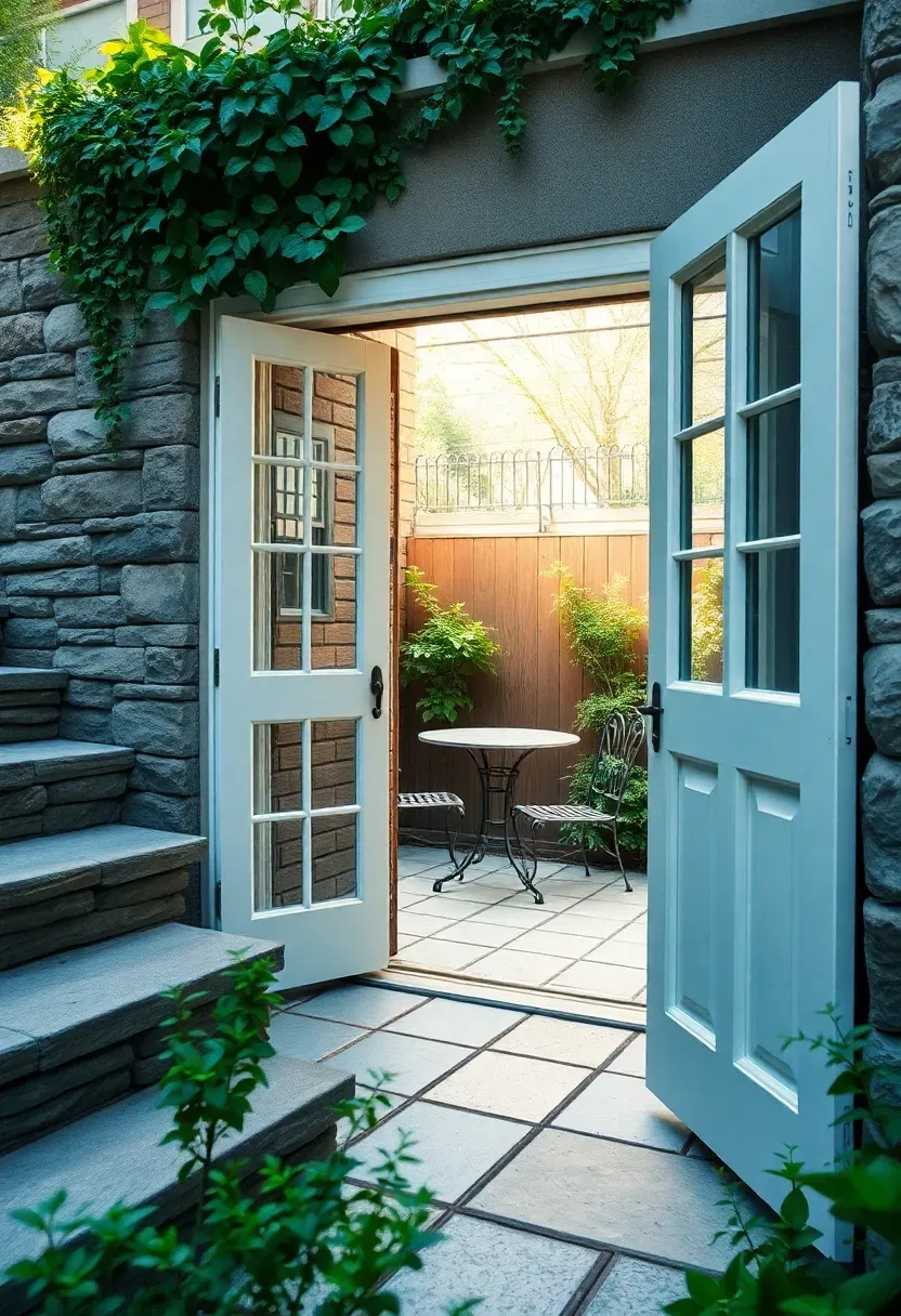 Basement ADU entry from a garden-level walkout with French doors opening to a patio, landscaped retaining wall, and stone steps leading down from the main yard