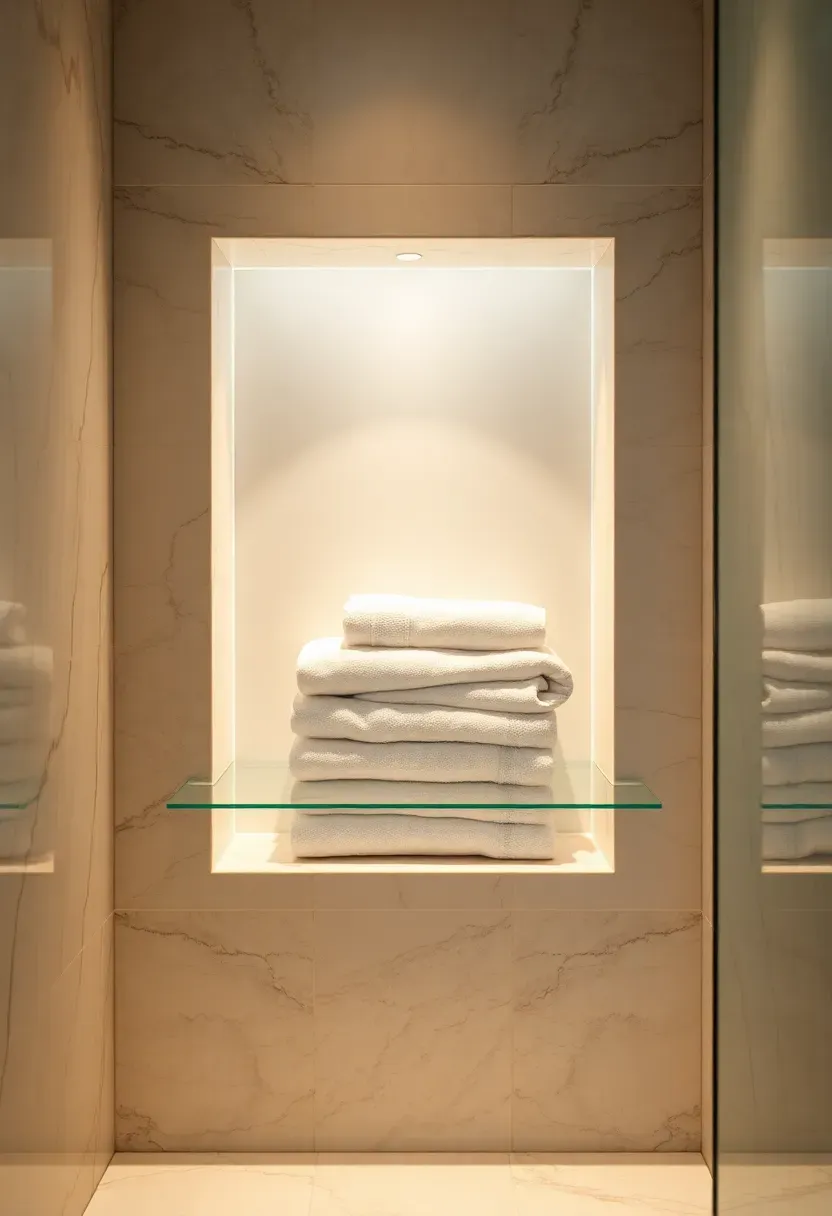 Spa-inspired tiled shower niche with marble surround and built-in LED backlight holding organized bath products in a luxury bathroom