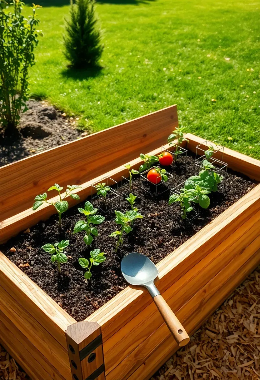 Raised cedar garden bed with visible wood grain filled with vegetable seedlings and surrounded by wood chip mulch in a sunny backyard