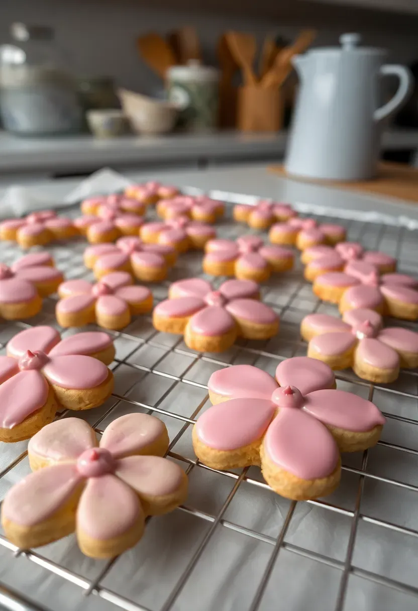 decorated cherry blossom sugar cookies with pink royal icing and delicate petal details on a cooling rack