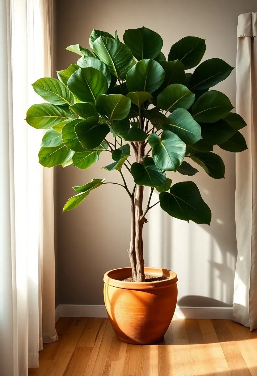 Hyper-realistic 3/4 view of an earthy modern living room corner featuring a large fiddle leaf fig tree (8 feet tall) with substantial glossy violin-shaped leaves.