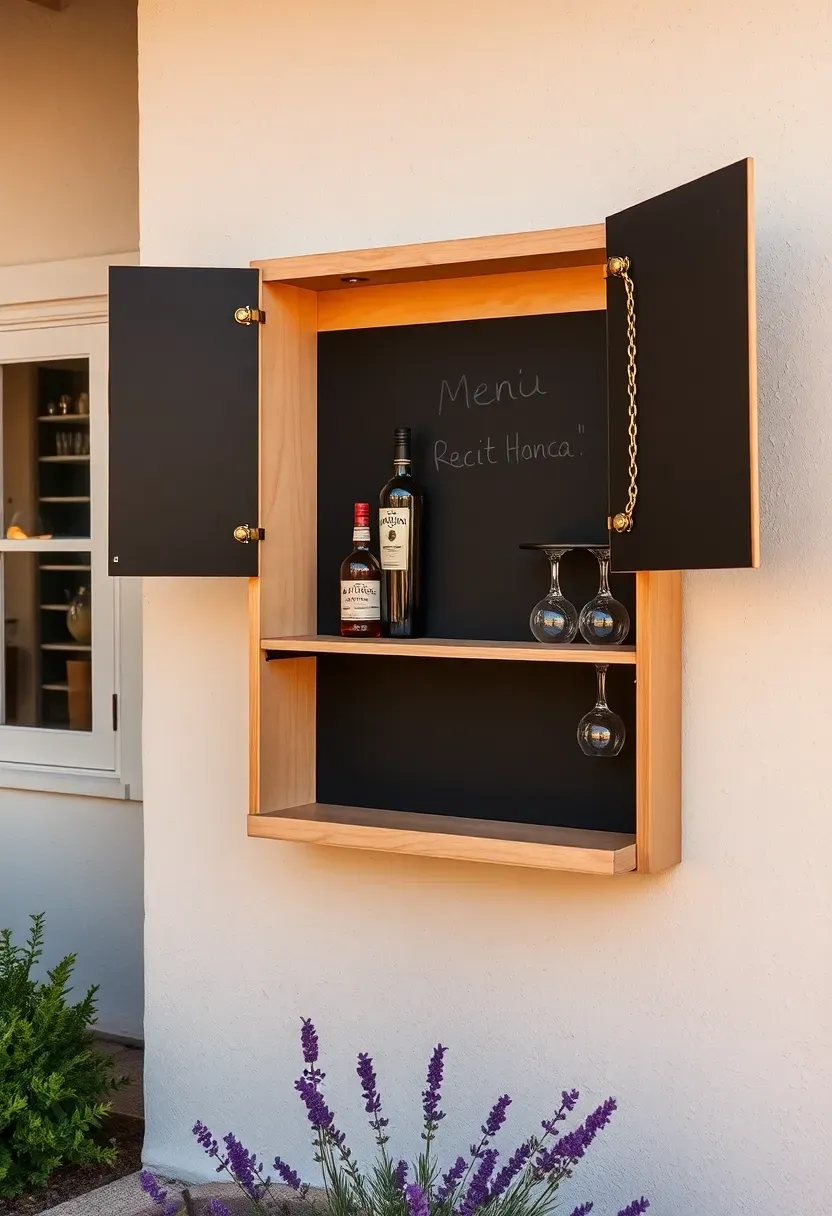 Murphy-style fold-out bar with chalkboard front panel mounted on exterior wall, open position showing bottles and glasses, compact garden patio