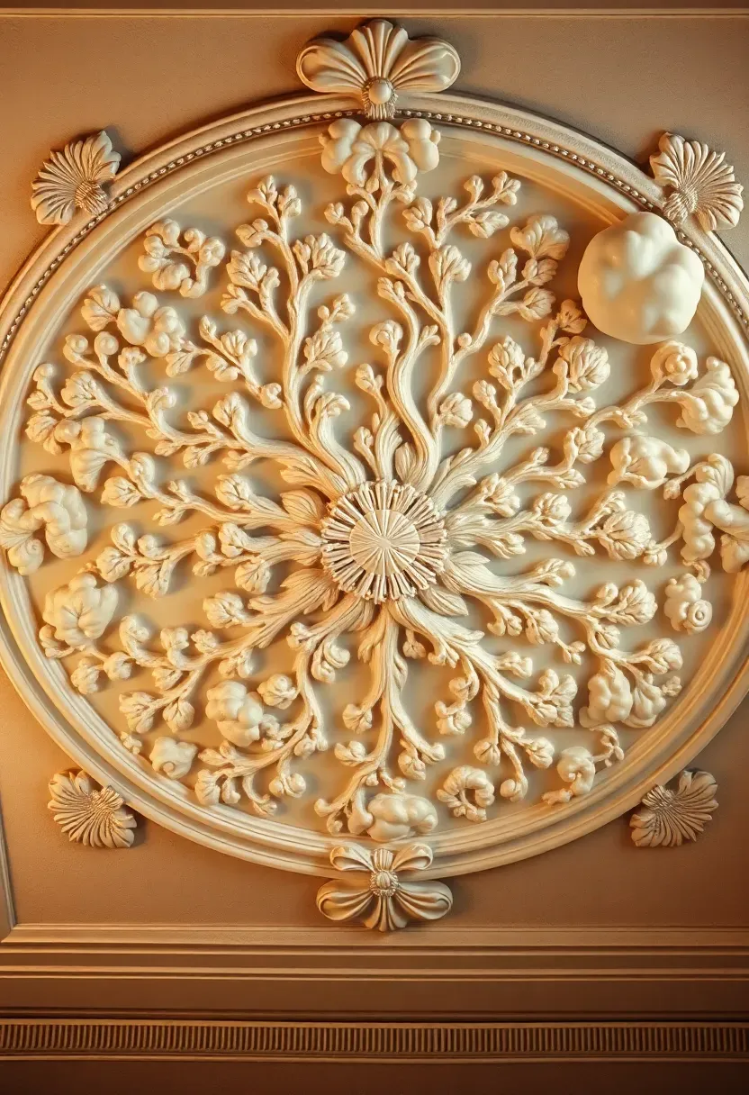 Sculptural plaster ceiling with Art Nouveau organic motifs — flowers, vines, and flowing lines