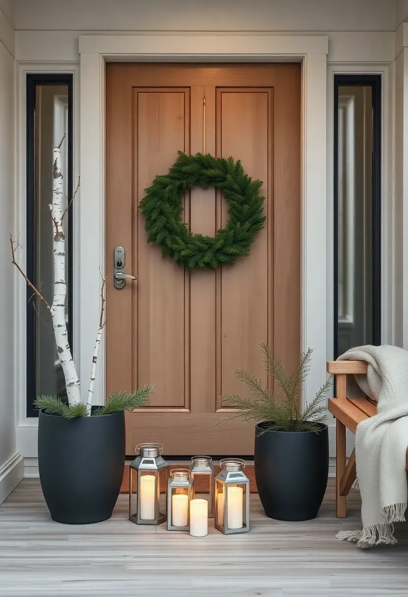 Hyper-realistic 3/4 view of a Nordic minimalist front porch Christmas design. Materials: single perfectly round fresh wreath on a light wood front door, two matte charcoal planters with white birch logs and single pine sprig, warm white LED lanterns on porch floor, light wood bench with single cream wool throw. Soft diffuse northern winter light (5000K), light wood plank flooring, white modern exterior with dark trim. Serene minimalist mood like Scandinavian Design. Shallow depth of field, sharp details on birch bark and wreath needles, perfectly symmetrical balanced composition. No text, no logos, no watermarks.</p>