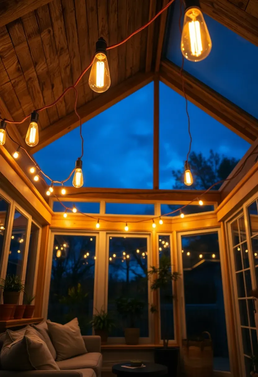 Warm string lights draped along exposed wooden ceiling beams in a sunroom at dusk with cozy seating below and plants on shelves