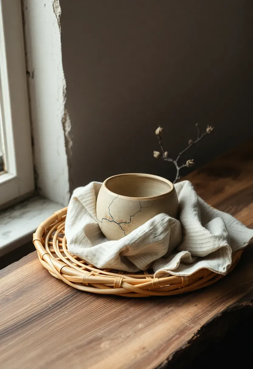 Wabi-sabi styled woven tray with a cracked pottery bowl, rough linen cloth, and a single dried branch on a raw wood surface