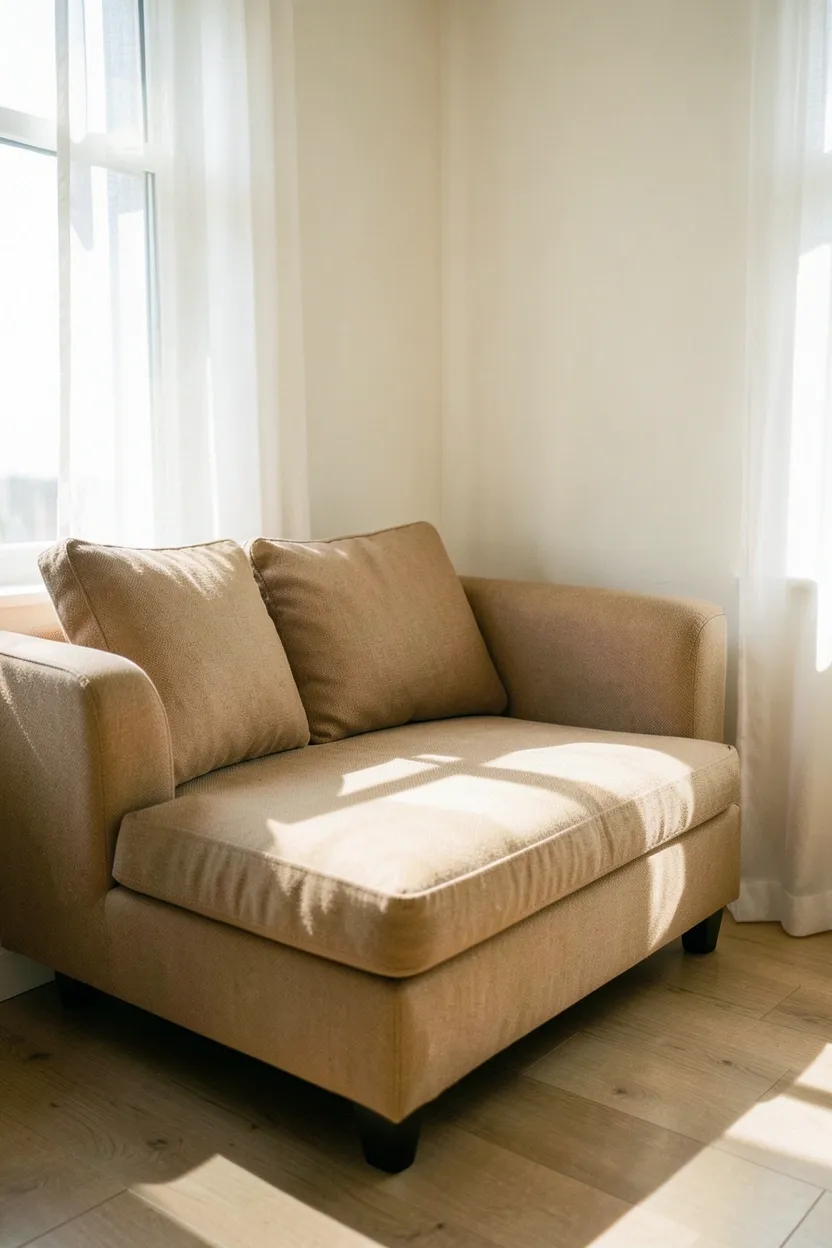 Tan fabric couch positioned in a sun-drenched corner of a minimalist apartment living room with sheer curtains and warm natural light