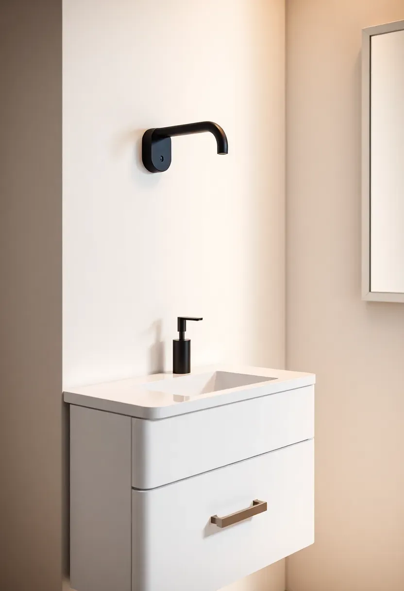 Wall-mounted matte black bathroom faucet and wall-hung toilet creating clean lines and open floor space in a modern bathroom