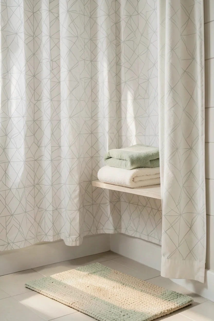 Fluffy white bath towels and a patterned shower curtain on a freestanding rod in a cozy rental bathroom — budget textile refresh idea