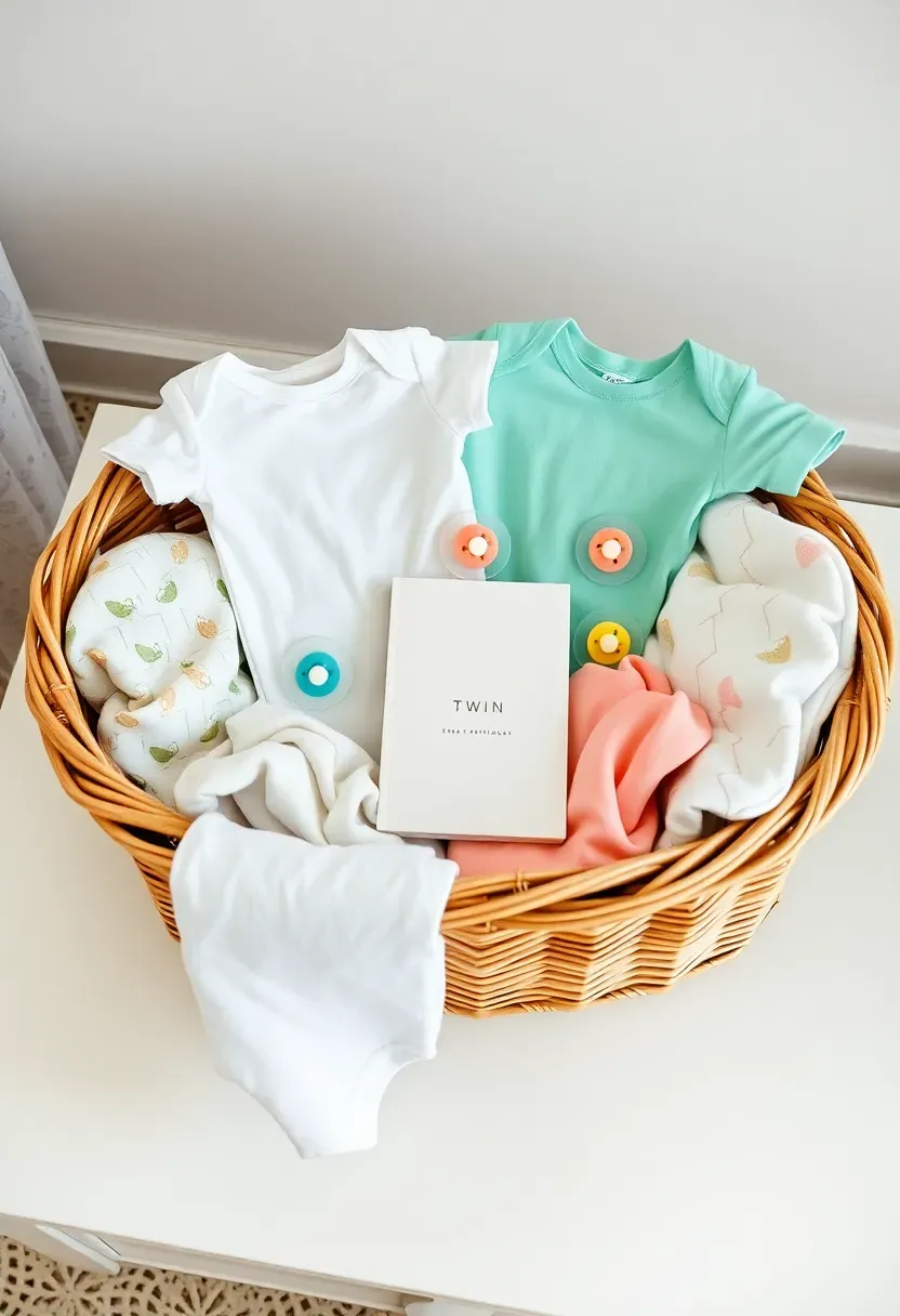 twin baby shower basket with matching onesie pairs doubled-up blankets and a twin parenting book arranged symmetrically in a large basket