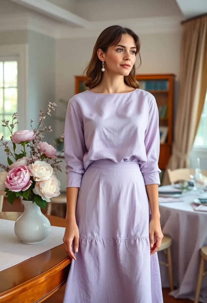 woman wearing a matching lavender skirt and blouse set with pearl earrings at an elegant indoor baby shower