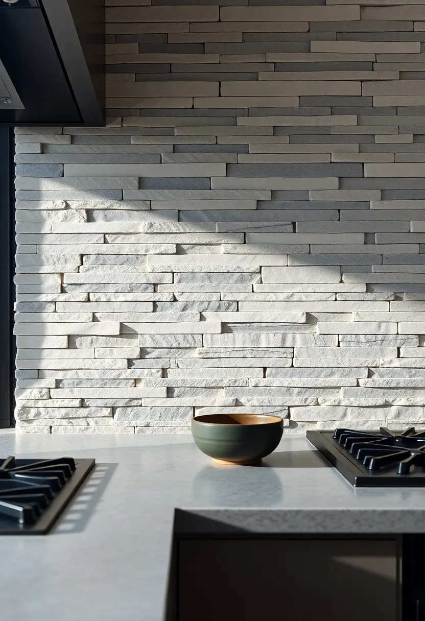 mixed-width stacked natural stone backsplash in gray and cream tones in a rustic modern kitchen