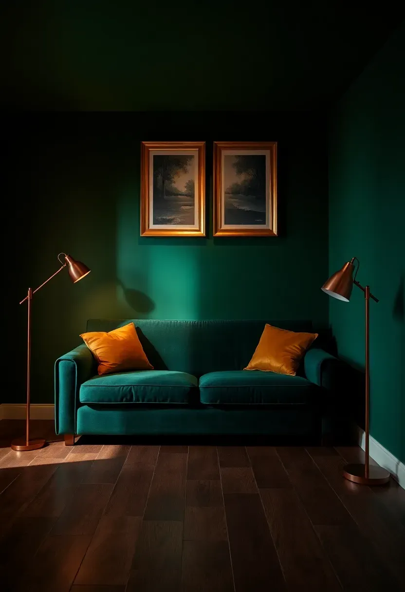 basement room painted deep emerald green with gold-framed art and velvet sofa