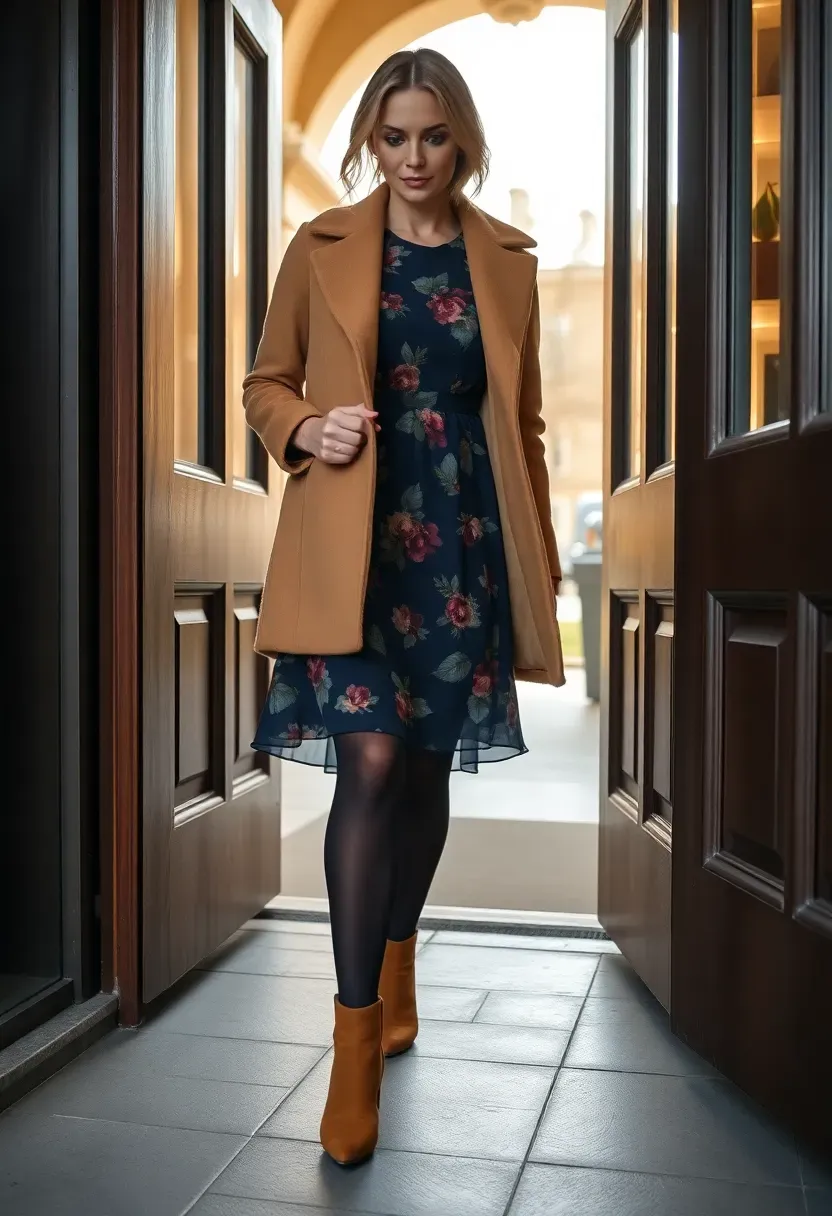 woman wearing a camel wool coat over a floral tea dress arriving at an indoor winter party