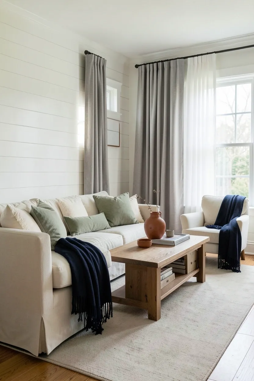 Farmhouse living room with neutral cream and beige color palette, sage green accents, and warm terracotta textiles