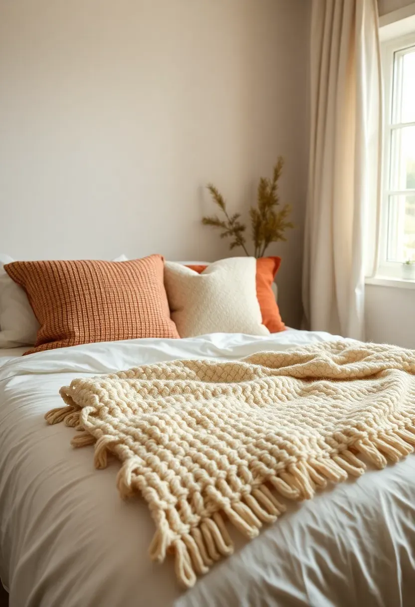 Small bedroom bed with layered budget textiles: crisp white duvet, chunky cream knit throw folded at the foot, and two textured cushions in warm beige and muted terracotta