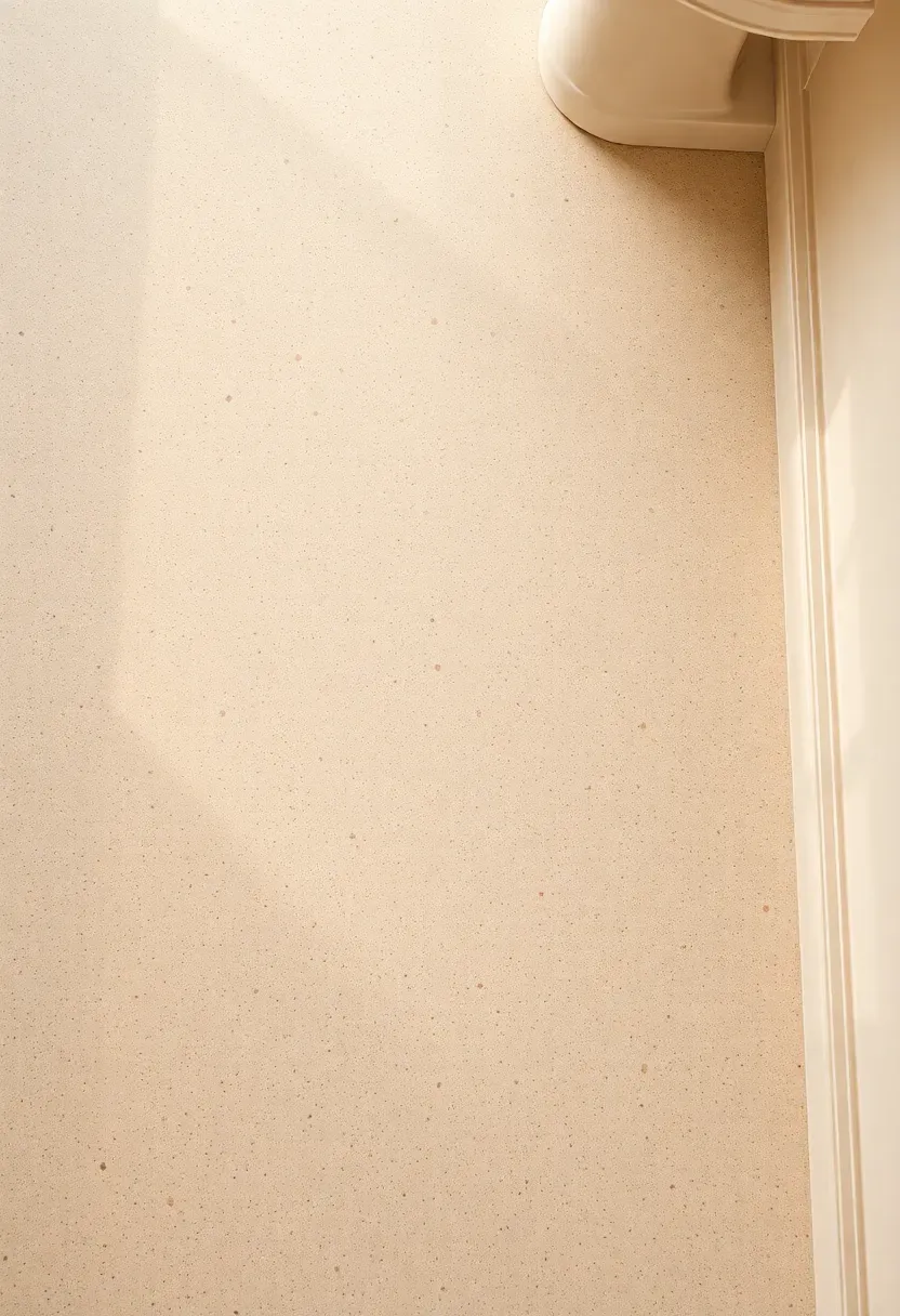 Sandy beige terrazzo bathroom floor with pastel speckles and coastal pebble texture