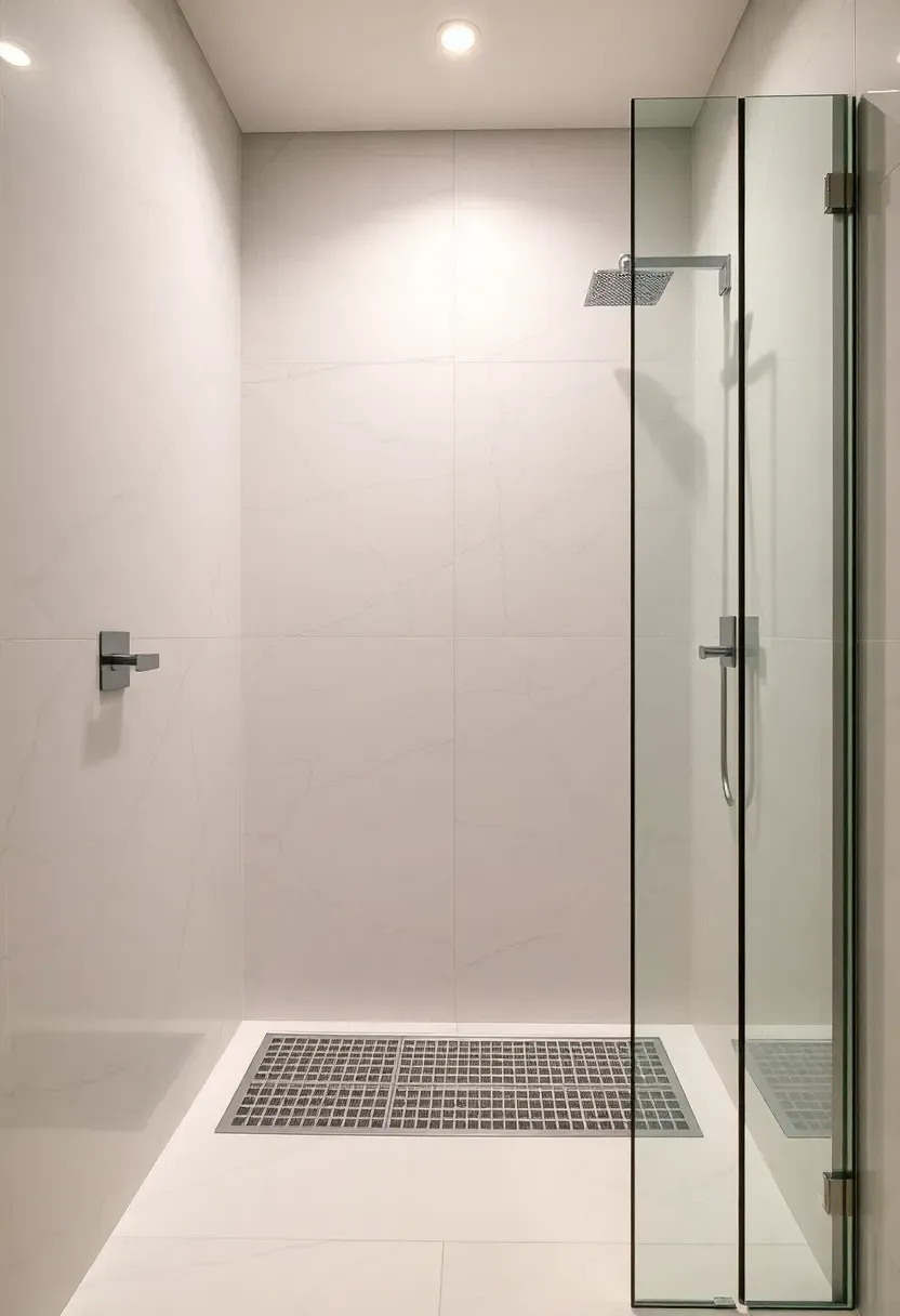 Walk-in shower with seamless large-format porcelain slab walls in soft grey marble look and minimal grout lines