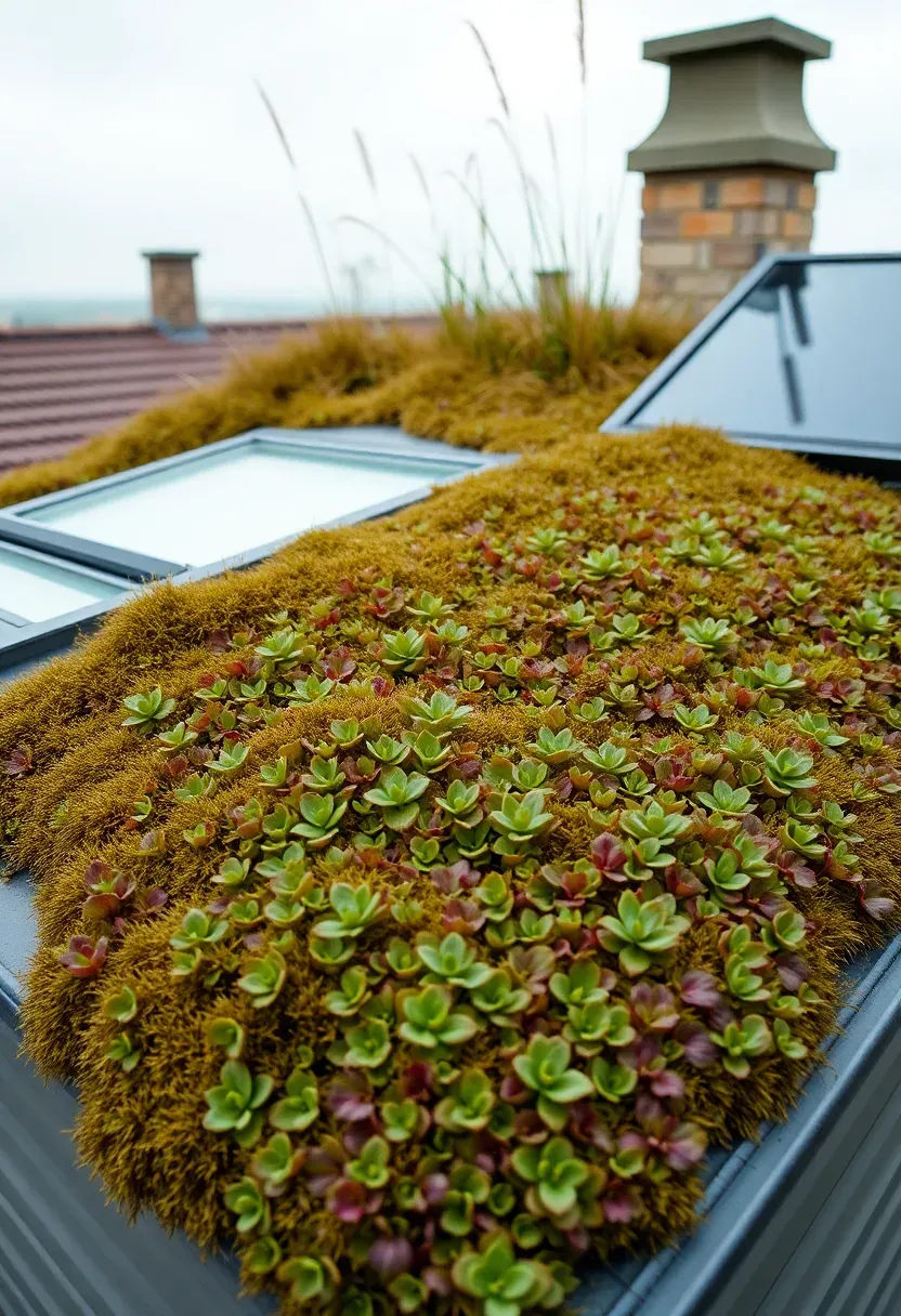 Living green roof on a garden shed with sedum mat in green and burgundy, ornamental grasses at ridge, and solar panel at one end