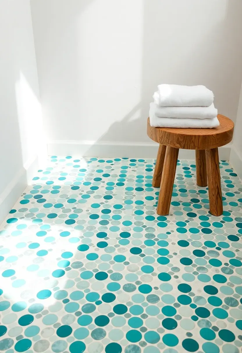Bathroom floor covered in small turquoise penny round tiles with white grout creating a vibrant ocean-inspired surface, paired with white walls and a wooden stool