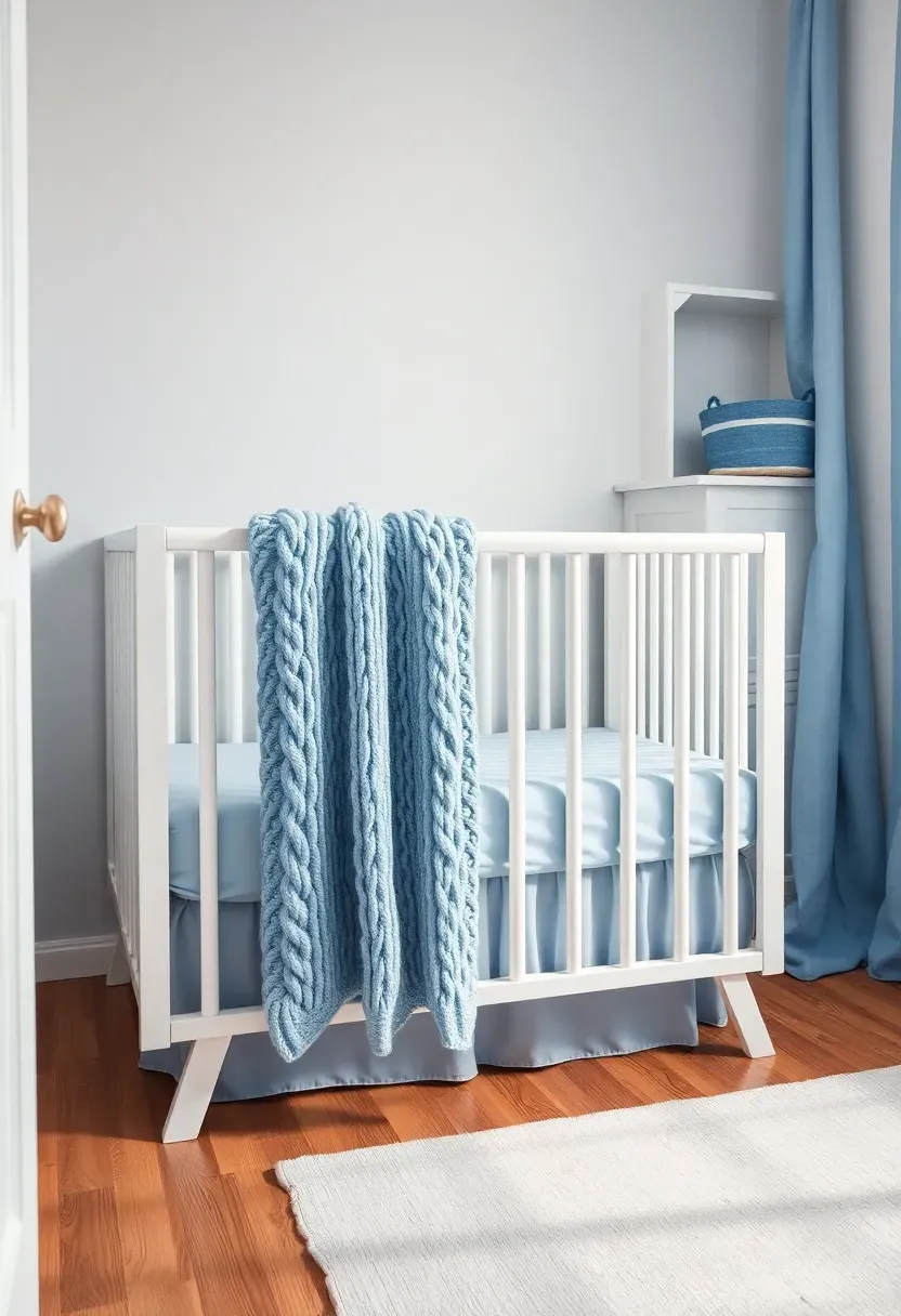 monochrome blue and white small baby boy nursery with layered textures and clean minimal furniture