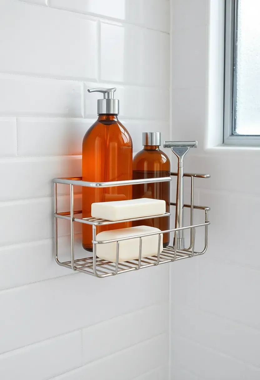 Stainless steel shower caddy with multiple shelves screwed into a tiled shower wall holding shampoo bottles and a razor