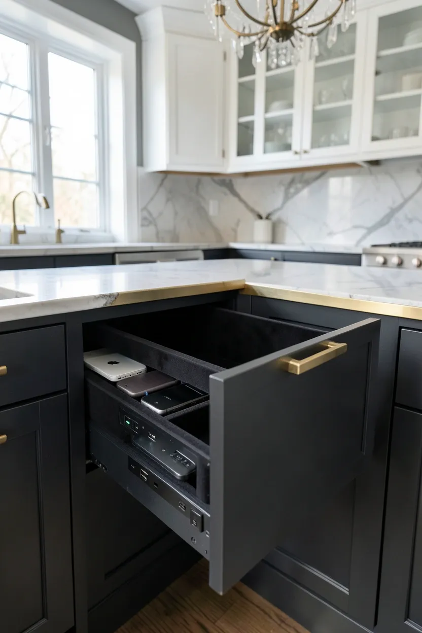 Dark charcoal kitchen drawer with brushed gold pull open revealing hidden integrated charging strips and USB ports beneath a marble countertop