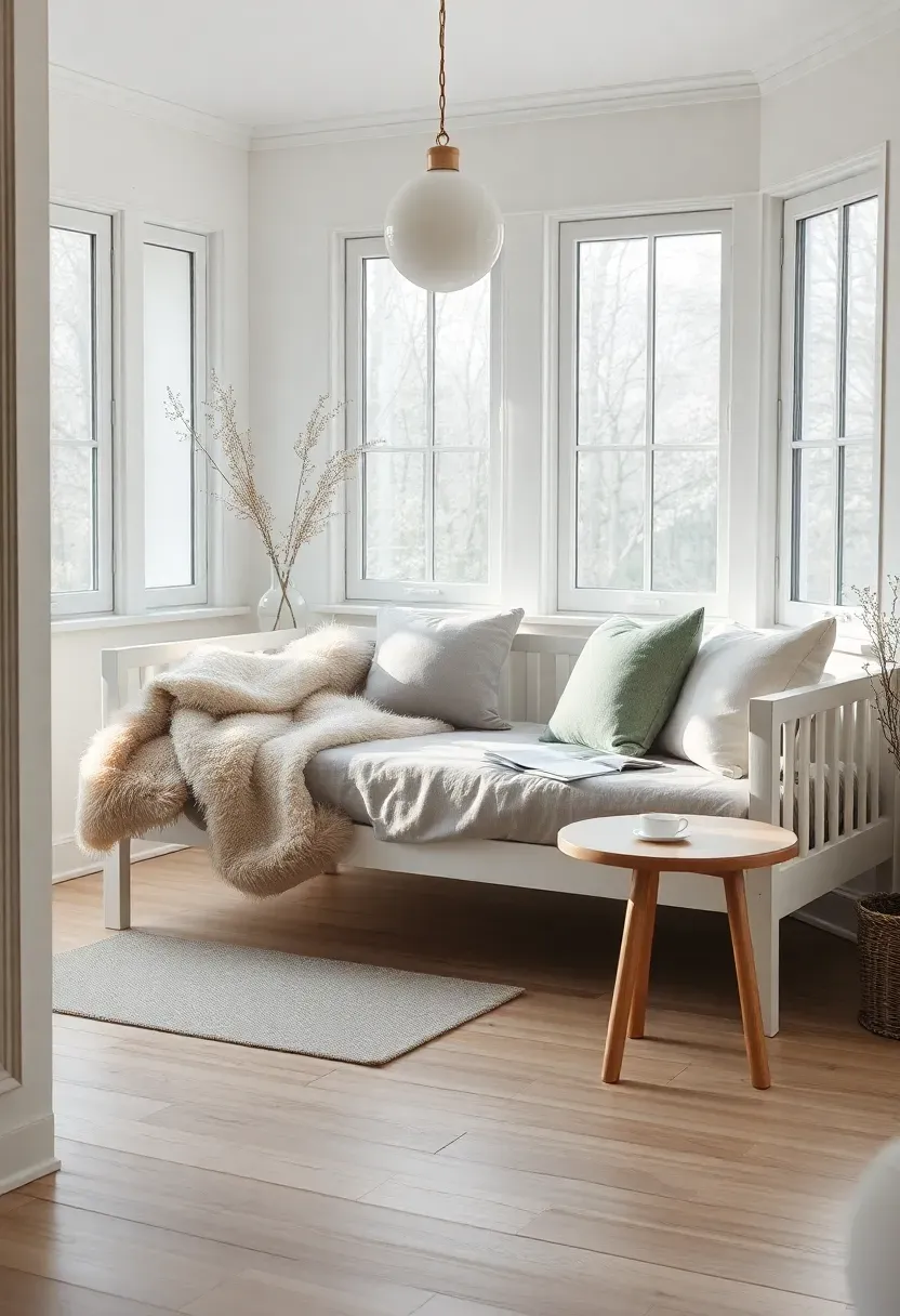 Scandinavian sunroom with white-framed daybed, sheepskin throw, light oak side table, and minimalist pendant light in pale morning light