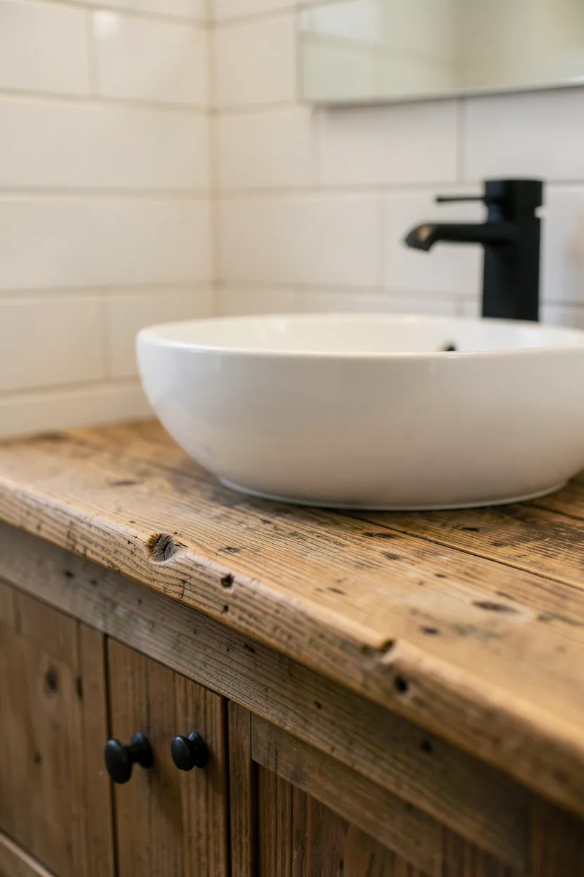 Reclaimed wood vanity with white porcelain vessel sink and wall-mounted brass faucet in a farmhouse bathroom