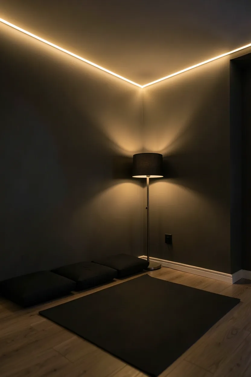 Dark corner yoga and meditation area in a home gym with warm amber LED glow, floor cushions, and blackout curtains for a moody serene atmosphere