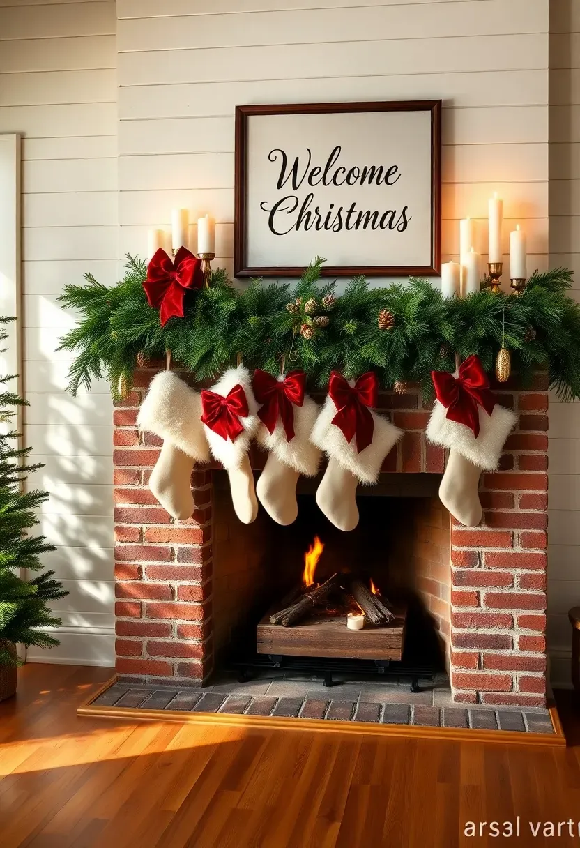 Hyper-realistic wide shot of a living room with a brick fireplace mantel decorated for Christmas, featuring lush green garland draped across the mantel with large red velvet bows, four white faux fur-trimmed stockings hanging from brass stocking holders, a framed vintage-style sign above reading 