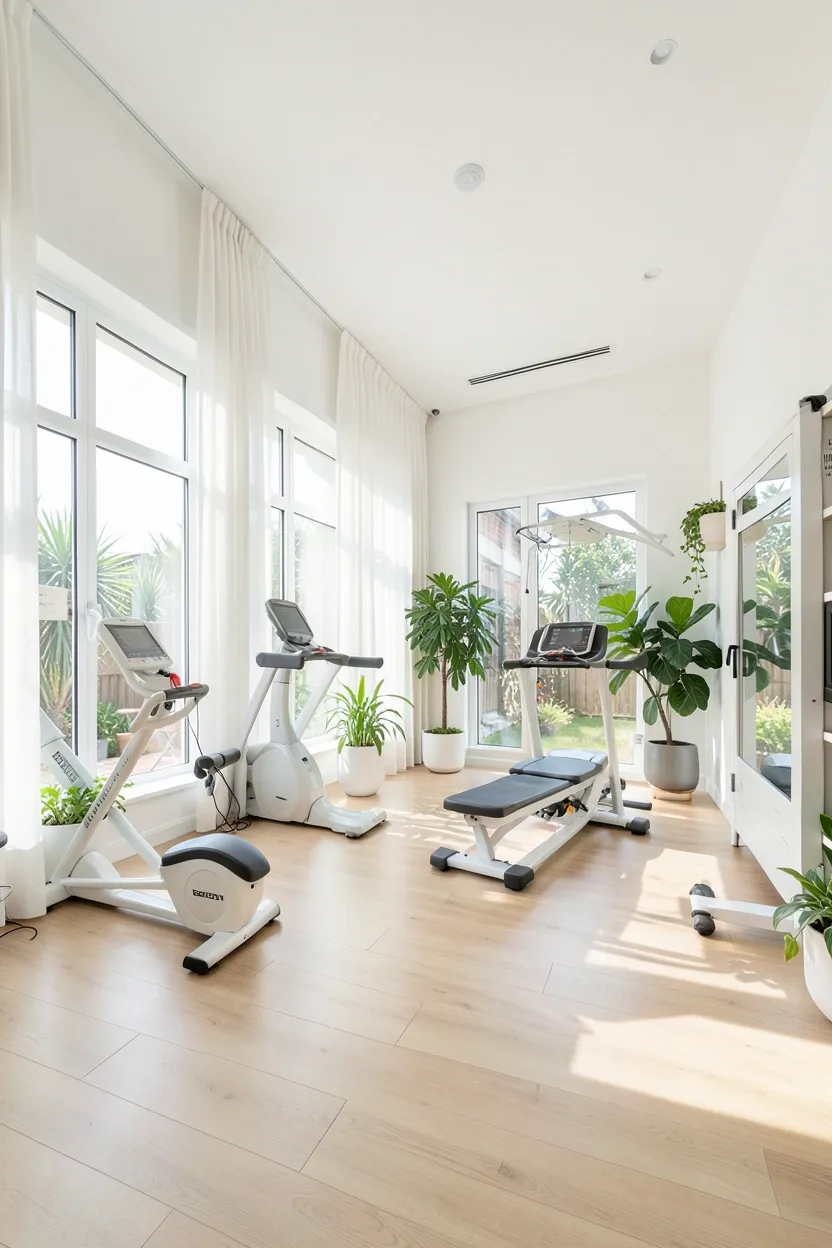 Bright and airy home gym with white walls, large windows flooding the room with natural light, light oak flooring, and white resistance equipment