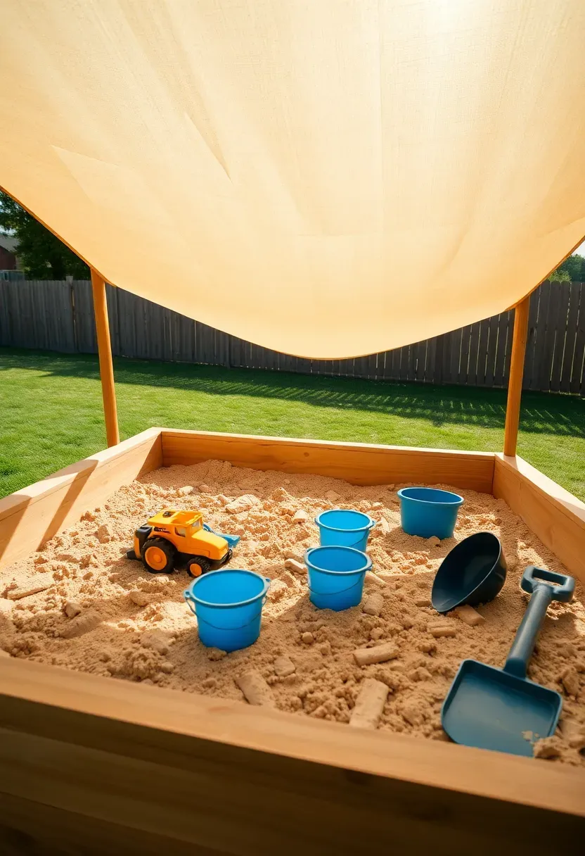 A large wooden sandbox in a backyard with a triangular shade sail above it, filled with play sand and containing toy excavators, buckets, and a child-sized shovel