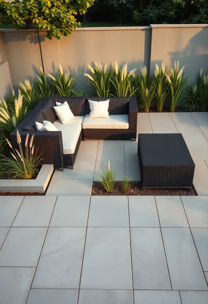 A geometric concrete paver patio in light grey with clean lines, a modern outdoor sectional sofa, and planting pockets with ornamental grasses between paver sections