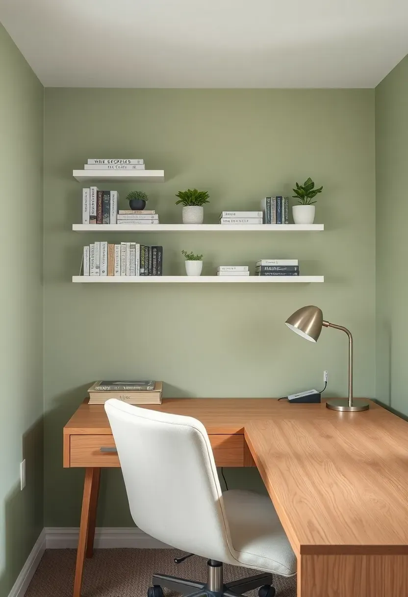 Basement home office with light sage green walls and white shelving creating a calm focused workspace