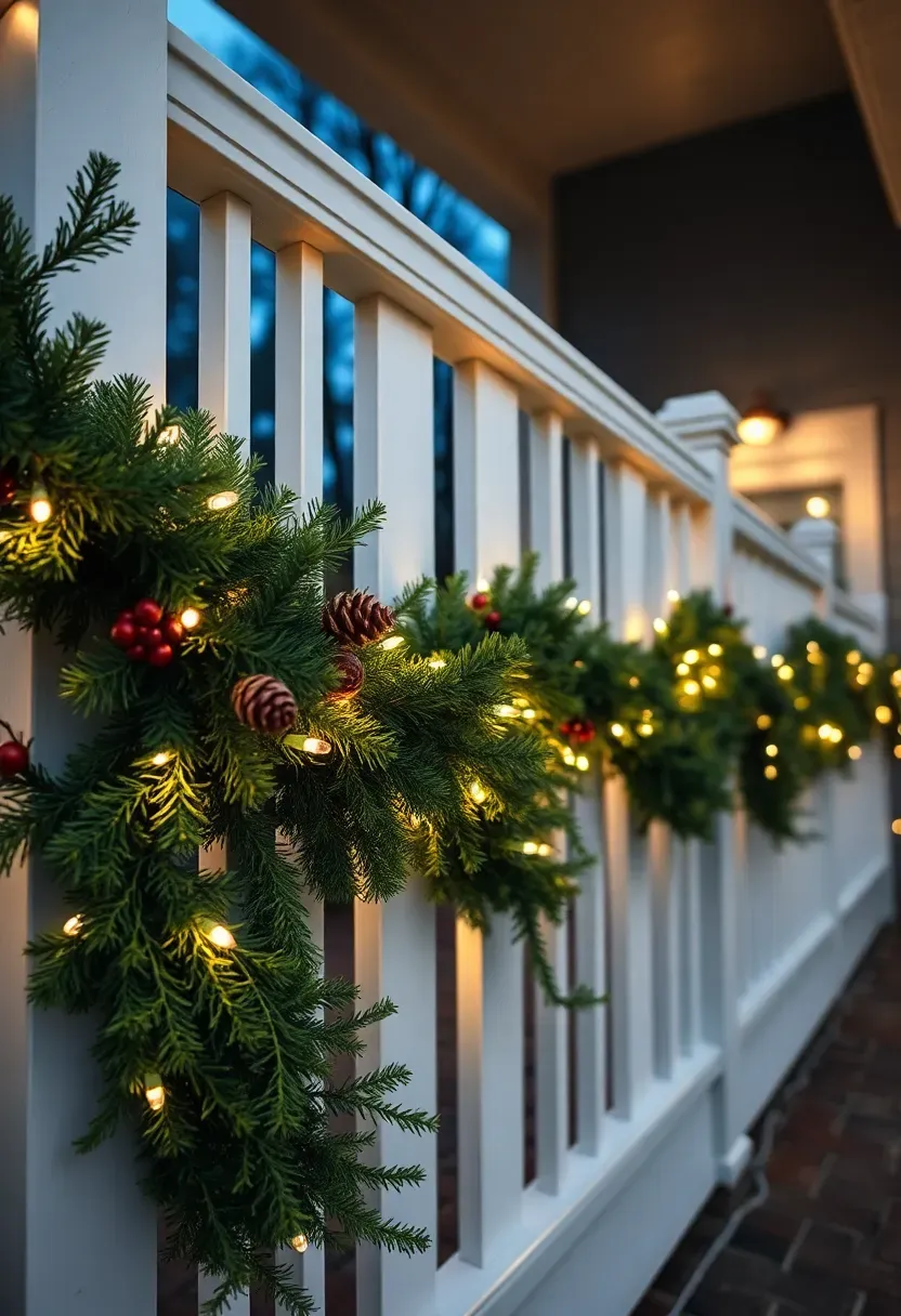 Hyper-realistic 3/4 view of a residential front porch featuring lush pre-lit evergreen garland draped in graceful swags across white wooden railings and wrapped around porch columns, with warm white mini LEDs woven throughout greenery. Materials: mixed evergreen branches with pinecones, red berry accents, white painted wood railings, brick porch floor, front door with wreath visible. Natural evening darkness with warm multi-source glow from both garland lights and porch fixture, cool blue ambient sky. Traditional cozy mood like classic holiday greeting card scene. Shallow depth of field, sharp details on nearest garland section, inviting composition with visible entry, soft shadows, no text or watermarks.</p>