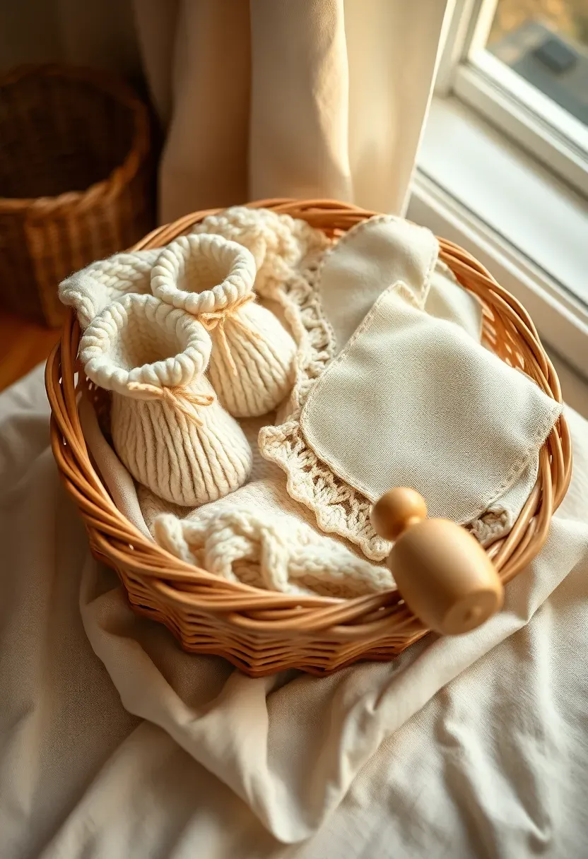 handmade baby gift basket with knitted booties crocheted blanket hand-embroidered bib and wooden rattle on a soft ivory cloth