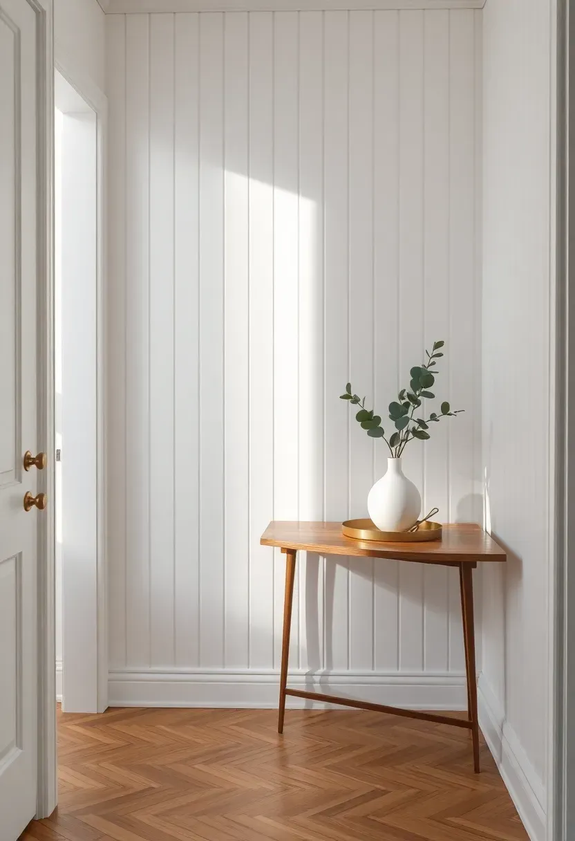 Elegant entryway with vertical painted stripes in alternating matte and satin white finishes creating a subtle tonal accent wall