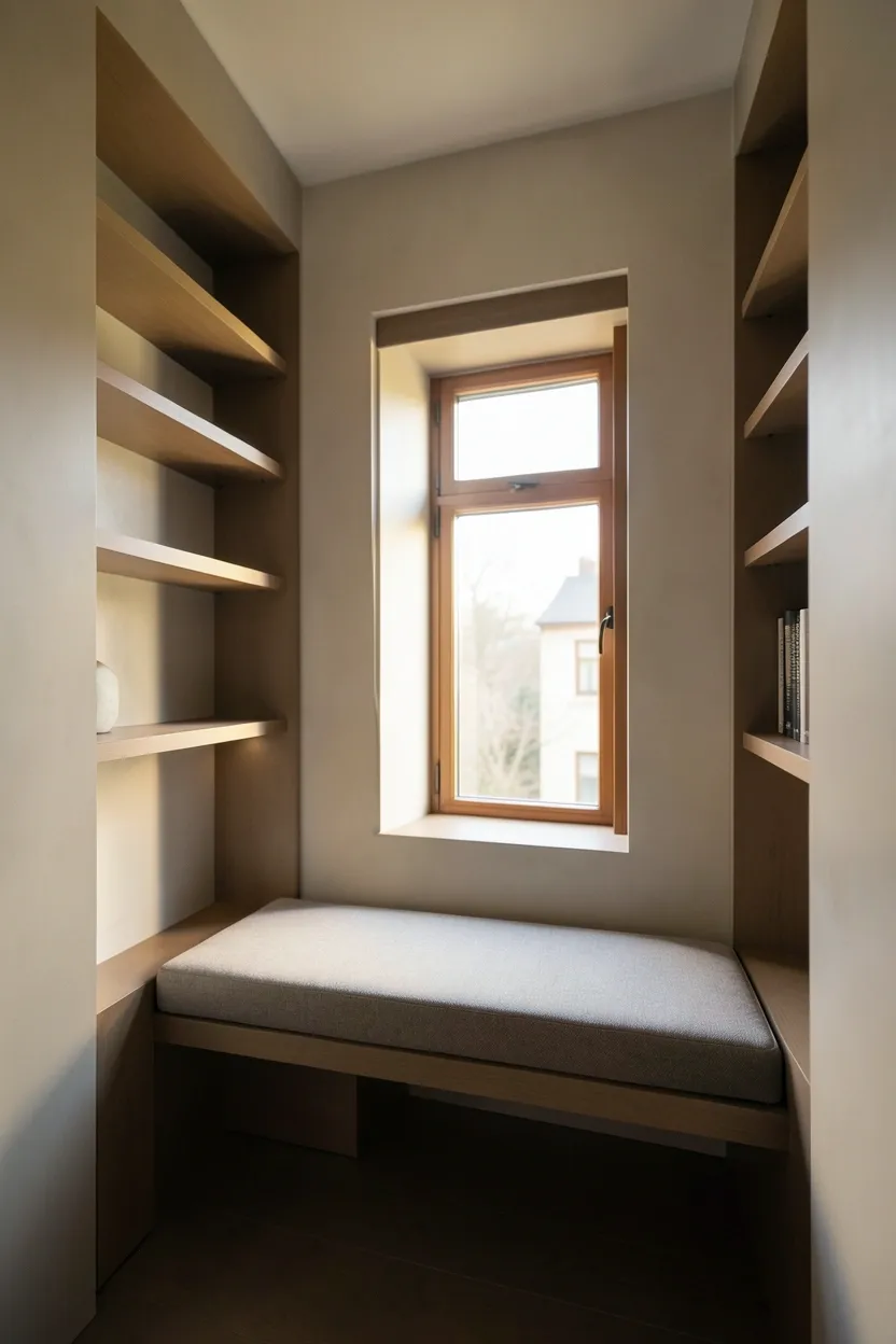 Window alcove with shallow recessed white shelves on either side and a cushioned bench seat — built-in bedroom reading nook integrated into the room architecture