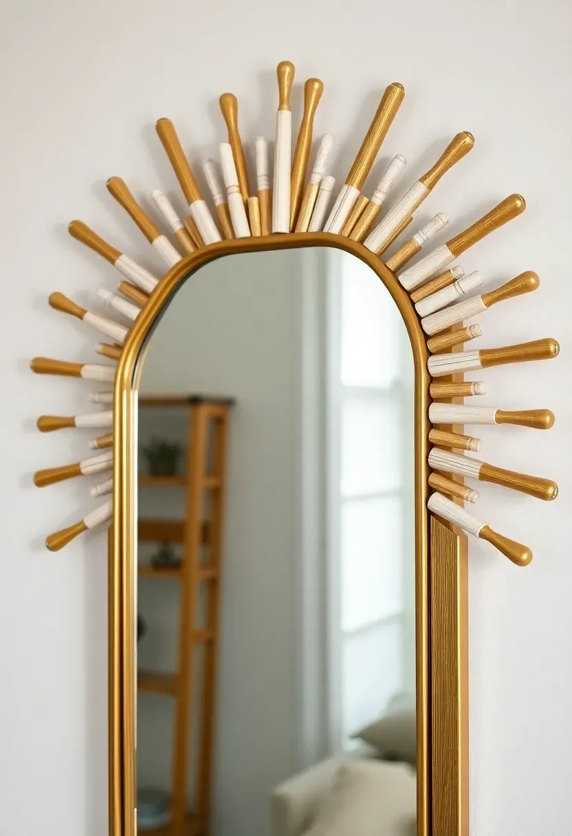 Sunburst DIY mirror frame made from wooden dowels and gold paint as a budget statement piece in a teen bedroom