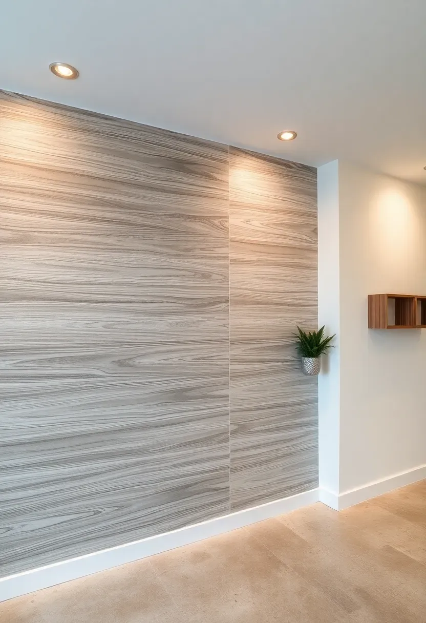 basement wall covered in gray luxury vinyl plank installed horizontally with warm overhead lighting