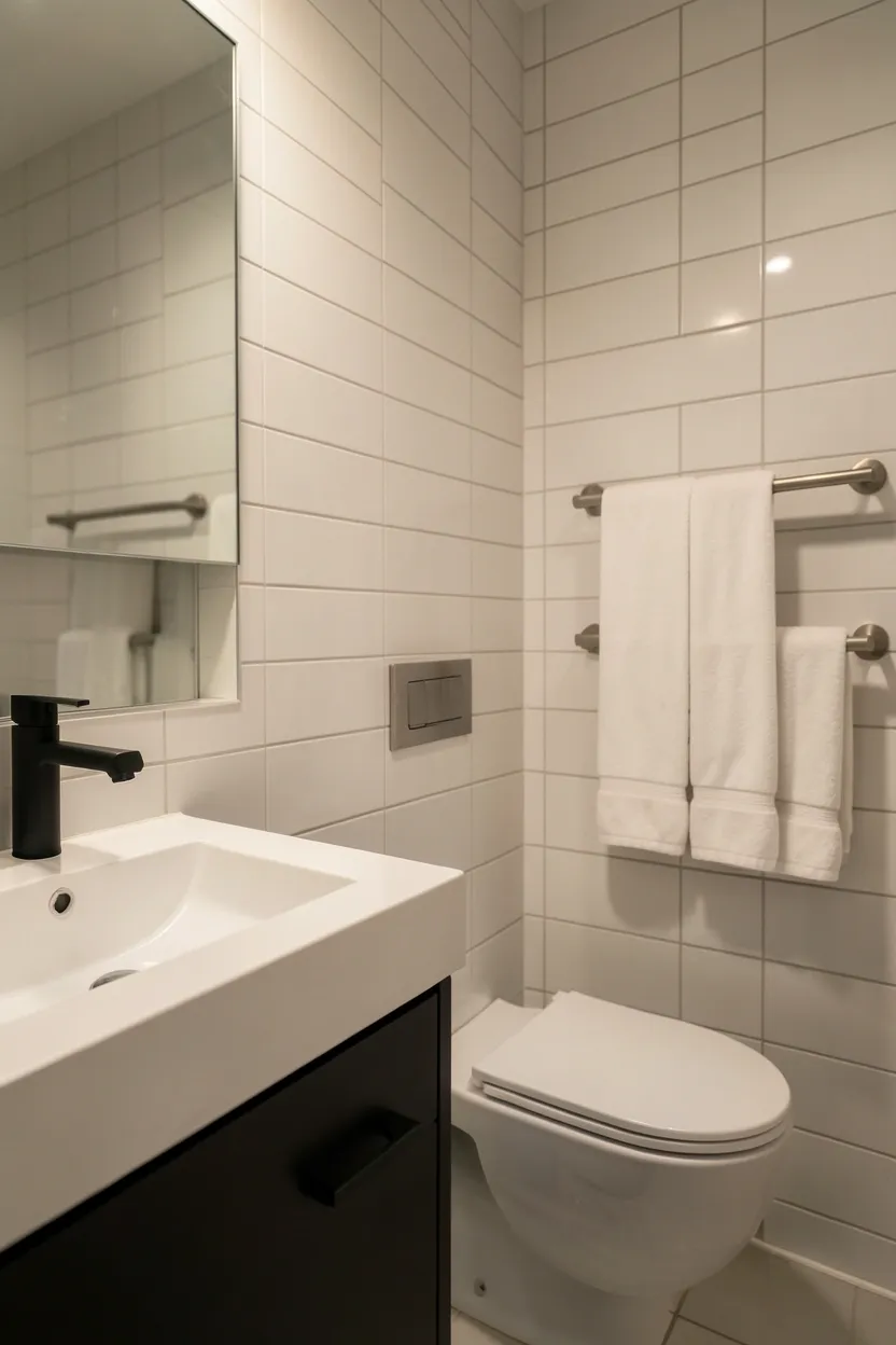 Matte black minimalist faucet and lever handle on a bathroom vanity with clean lines and no visual clutter