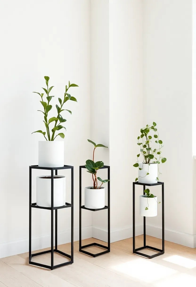 Hyper-realistic 3/4 view of minimalist living room corner with three black metal plant stands at graduating heights. Tallest (32 inches): snake plant in white pot. Medium (22 inches): round peperomia in white pot. Shortest (14 inches): trailing ivy in white pot. Stands have simple geometric frames. Empty white walls, light wood floor, no other furniture nearby. Abundant negative space around arrangement. Materials: matte black metal stands, white ceramic pots, varied leaf textures. Natural light from window side, soft shadows. Contemporary minimalist mood where trio of elevated plants creates sculptural composition.</p>